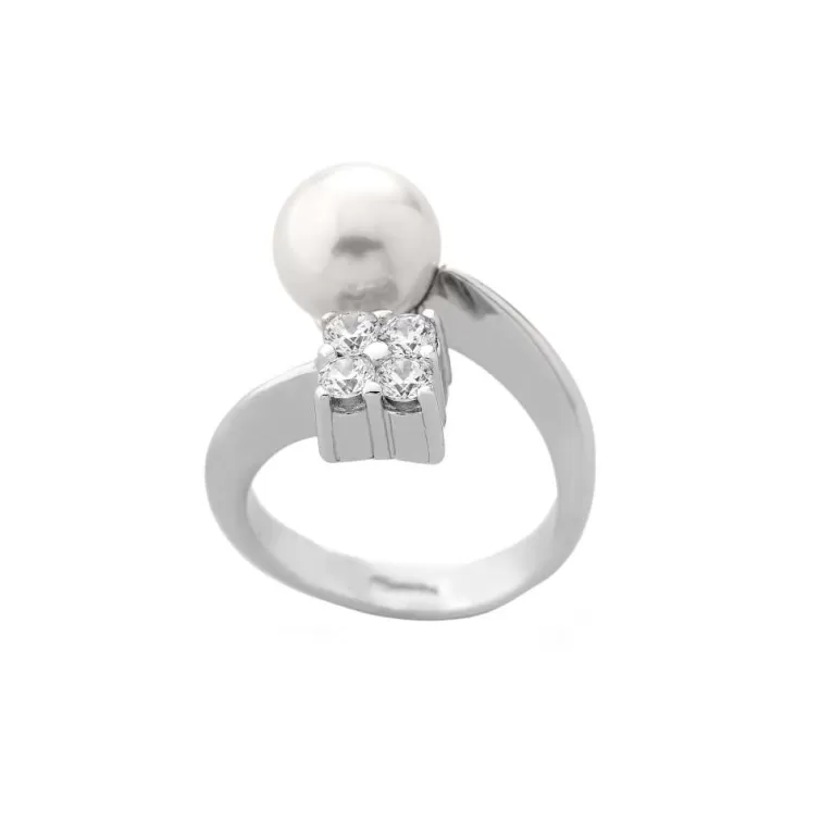 Anillos Medianos | Majorica Anillo Abierto Selene Plata Con Perla 9Mm Y Circonitas