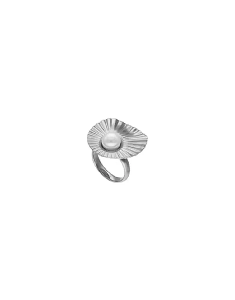 Anillos Grandes | Majorica Anillo Le Palm Grande En Acero Con Perla Blanca