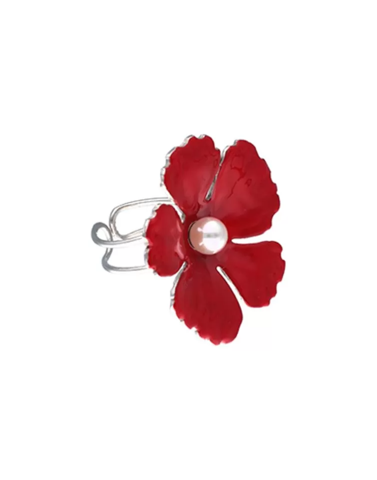 Anillos Grandes | Majorica Anillo Santorini Flor Granate Grande De Plata