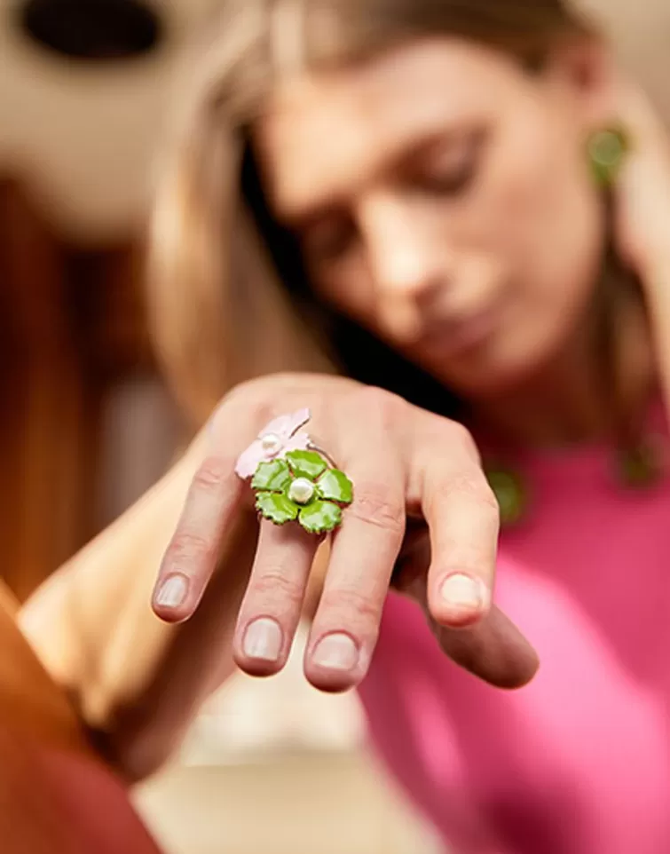 Anillos Medianos | Majorica Anillo Santorini Flor Verde Olivo Grande En Plata