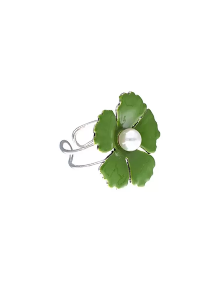 Anillos Medianos | Majorica Anillo Santorini Flor Verde Olivo Pequena En Plata