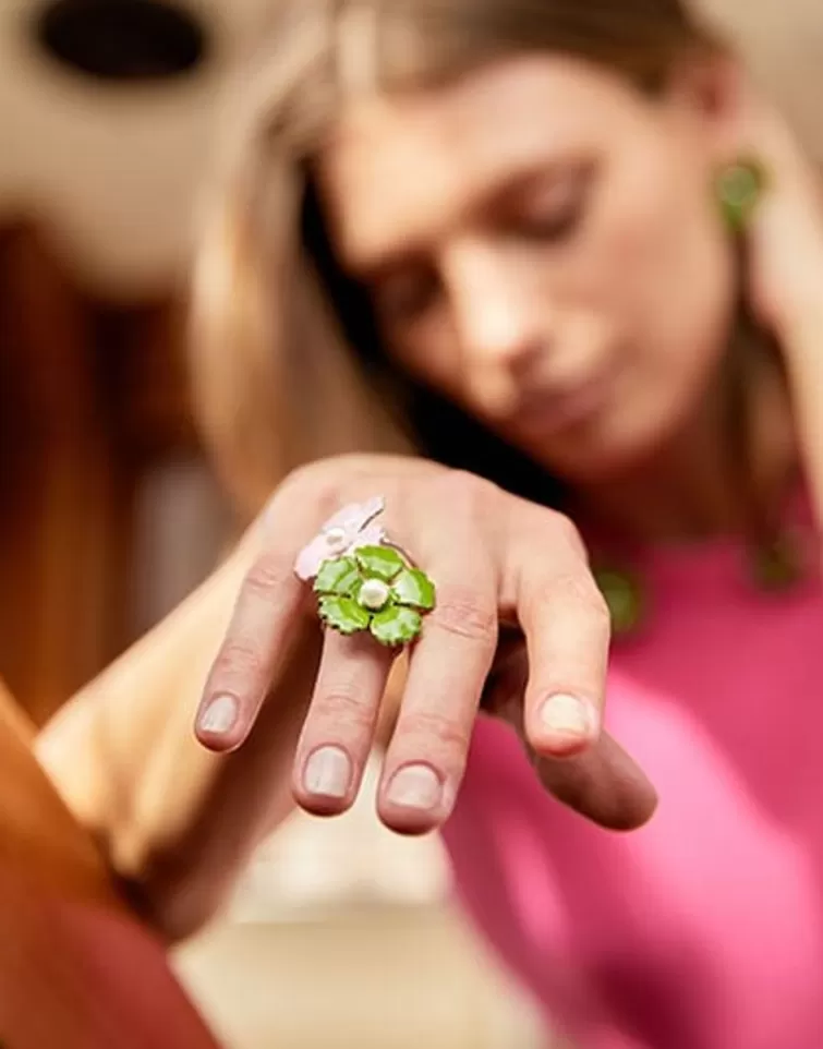 Anillos Medianos | Majorica Anillo Santorini Flor Verde Olivo Pequena En Plata