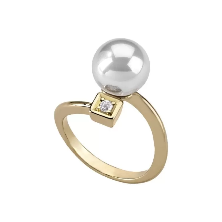 Anillos Medianos | Majorica Anillo Selene Dorado Con Perla Blanca 10Mm Y Circonita