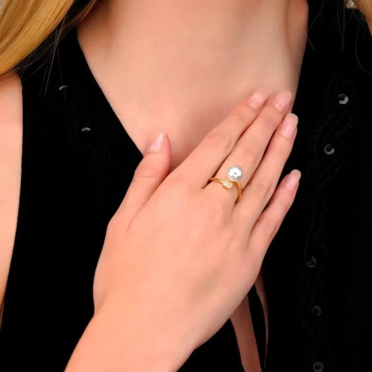 Anillos Medianos | Majorica Anillo Selene Dorado Con Perla Blanca 10Mm Y Circonita