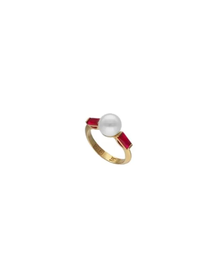Anillos Medianos | Majorica Anillo Selene Dorado Con Perla Y Circonitas Rojo Rubi