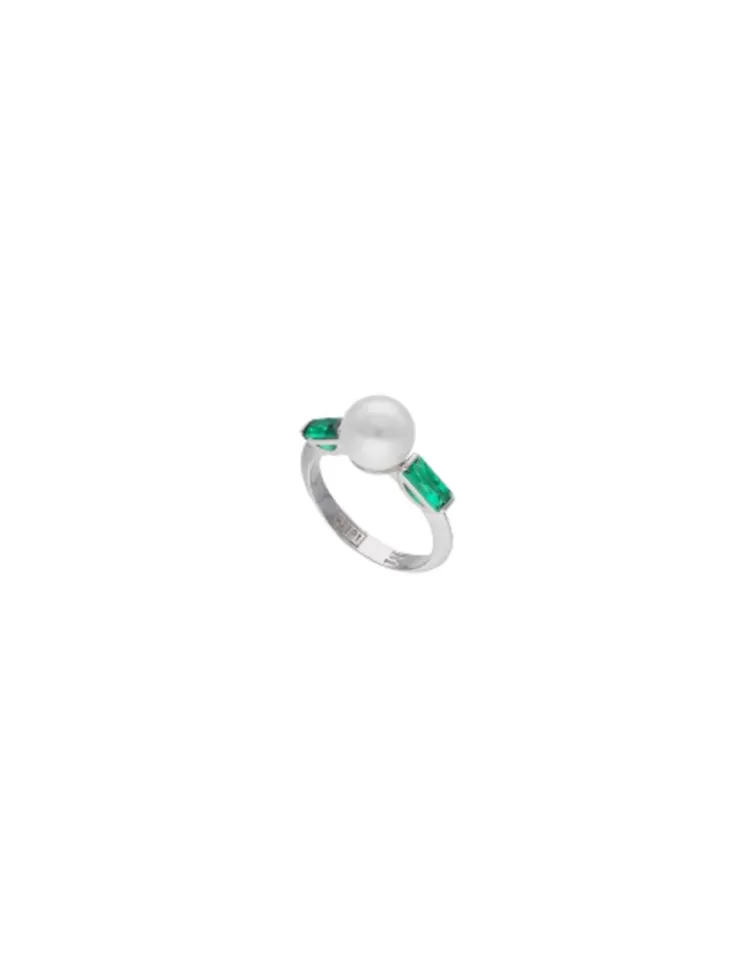Anillos Medianos | Majorica Anillo Selene Plata Con Perla Y Circonitas Verde Esmeralda