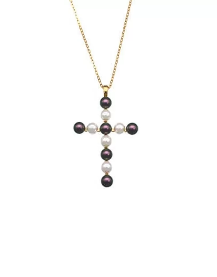 Colgante Cadena | Majorica Colgante Cruz Dorado Con Perlas Tahiti Y Blancas