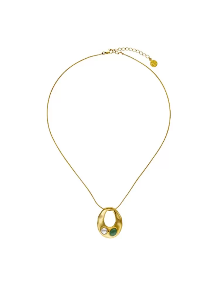 Colgantes Con Cadena | Majorica Collar Encadenado Feme Con Perla Blanca Y Agata Verde