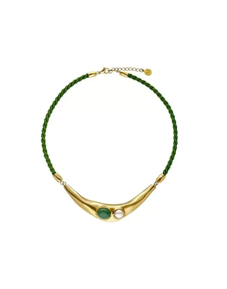 Collares De Cuero | Majorica Collar Feme Cuero Con Perla Blanca Y Agata Verde