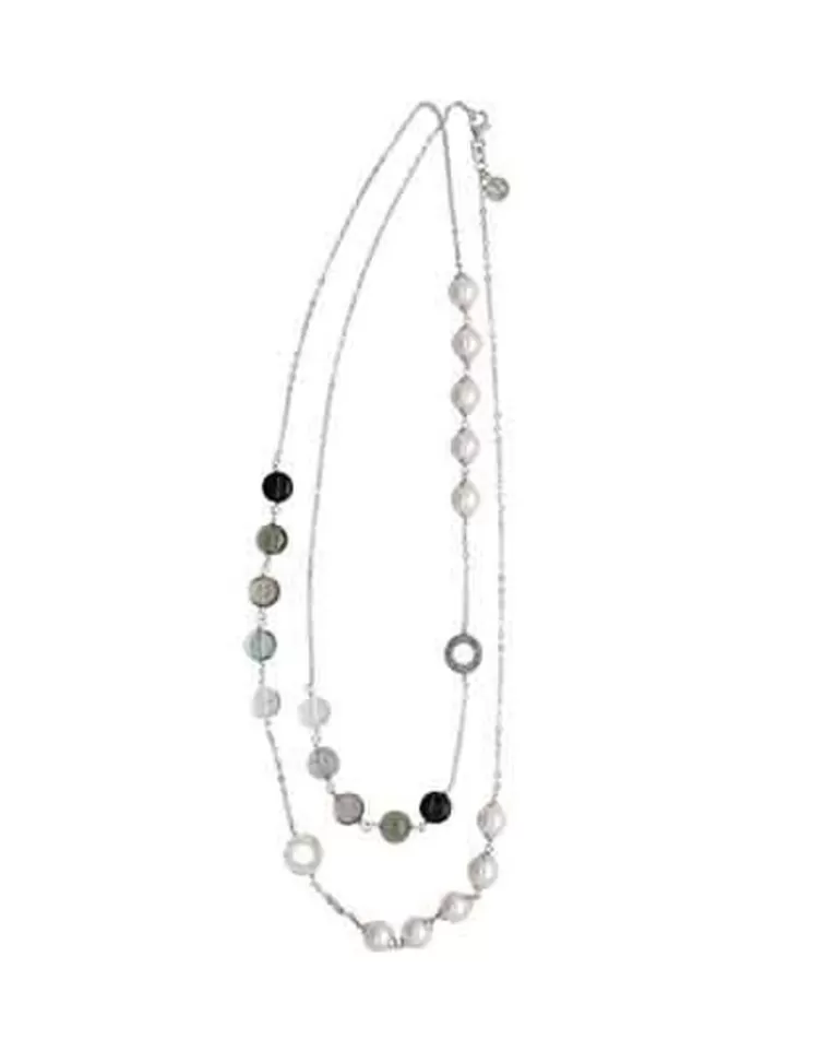 Cadenas Con Perlas | Majorica Collar Largo Algaida Multiposicion En Plata Con Cristales De Murano Negros