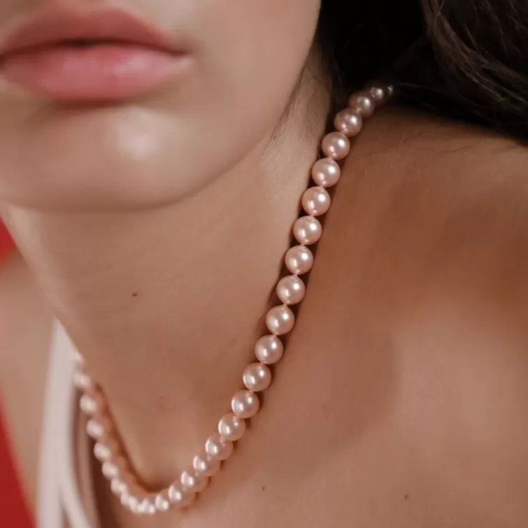 Collares De Perlas Largos | Majorica Collar Lyra Plata Con Perlas Rosas 8Mm 45Cm