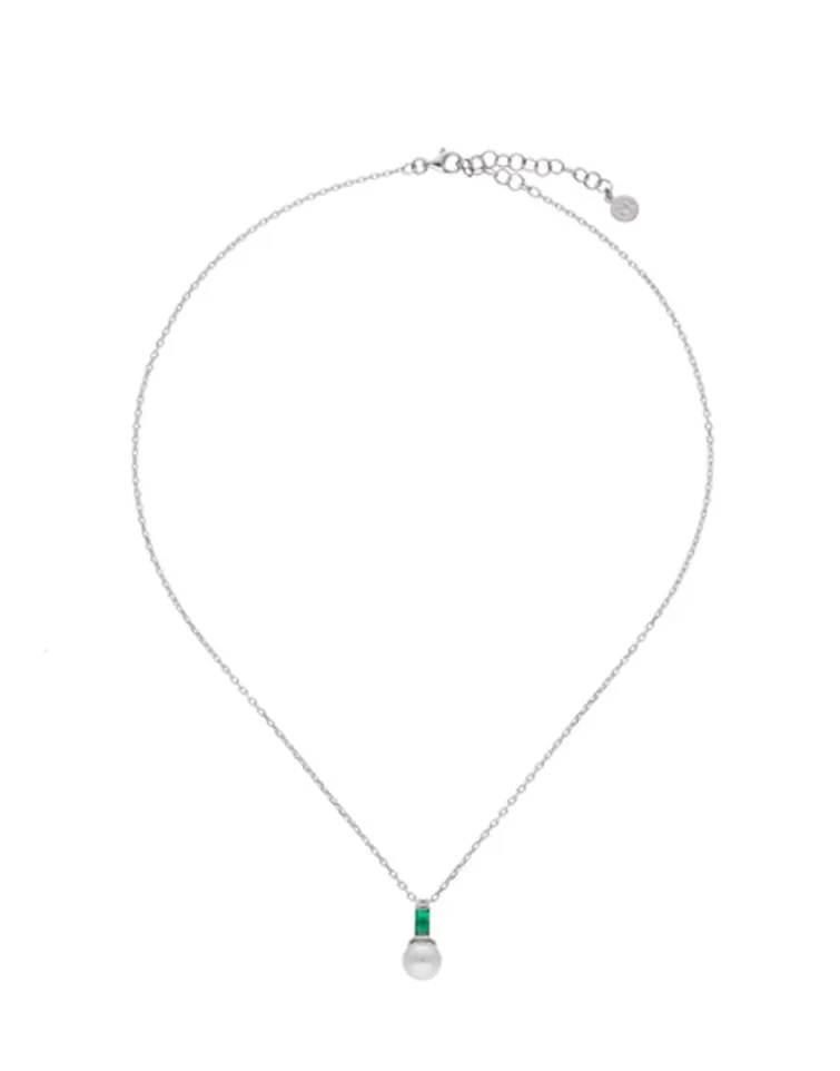 Colgantes Con Cadena | Majorica Collar Selene Plata Con Perla Y Circonita Verde Esmeralda