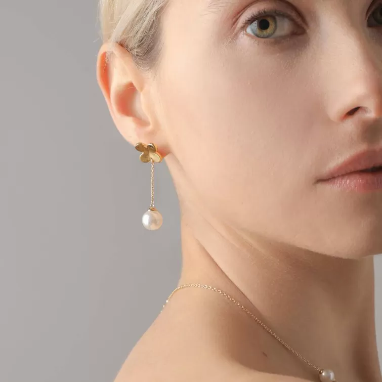 Pendientes De Perlas Largos | Majorica Pendientes Ayanti Plata Dorados Trebol Y Perlas