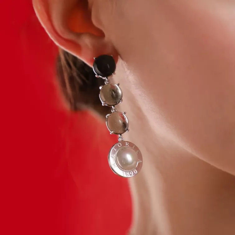 Pendientes De Perlas Largos | Majorica Pendientes Botón En Plata Algaida Con Cristales De Murano Negros
