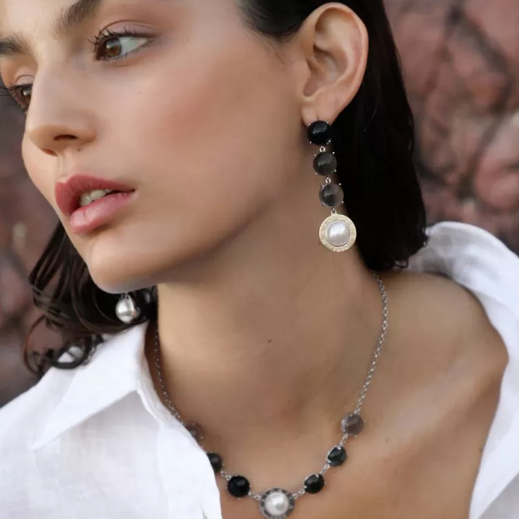 Pendientes De Perlas Largos | Majorica Pendientes Botón En Plata Algaida Con Cristales De Murano Negros