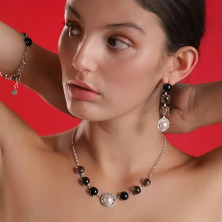 Pendientes De Perlas Largos | Majorica Pendientes Botón En Plata Algaida Con Cristales De Murano Negros