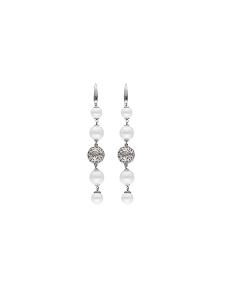 Pendientes De Perlas Largos | Majorica Pendientes Eternal Con Perlas Redondas Y Bola Calada En Plata