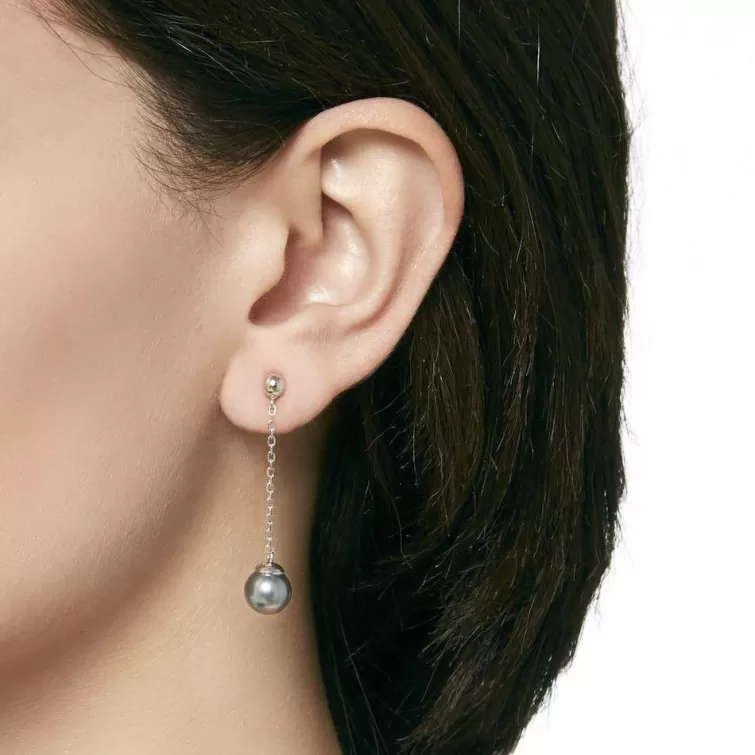 Pendientes De Perlas Largos | Majorica Pendientes Ilusion Plata Con Perla Gris 8Mm