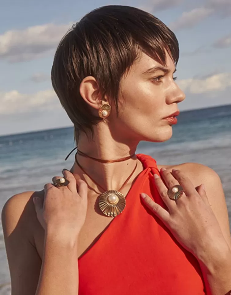 Pendientes Cortos | Majorica Pendientes Le Palm En Acero Dorado Con Cierre Omega