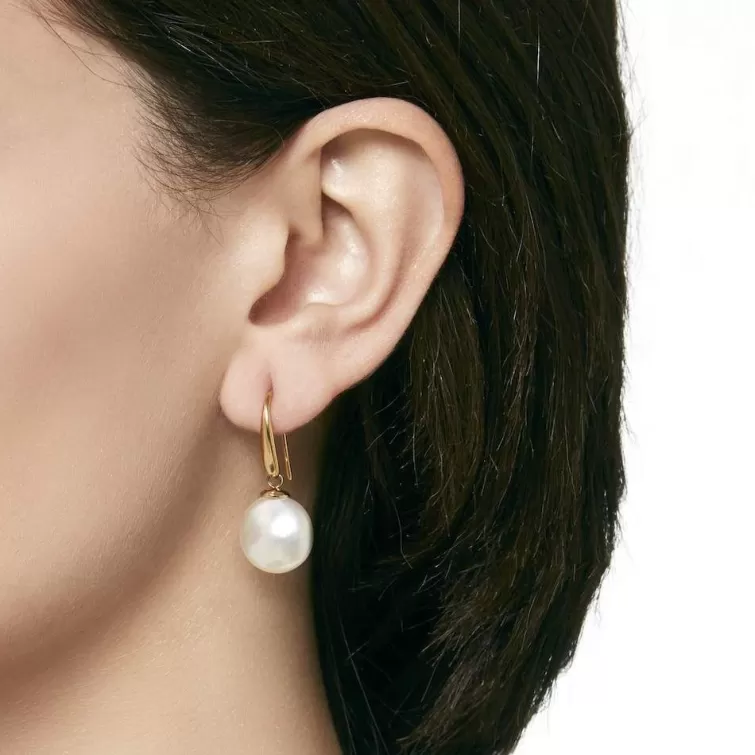 Pendientes De Perlas Largos | Majorica Pendientes Lyra Dorados Con Perla Oval Blanca 12Mm