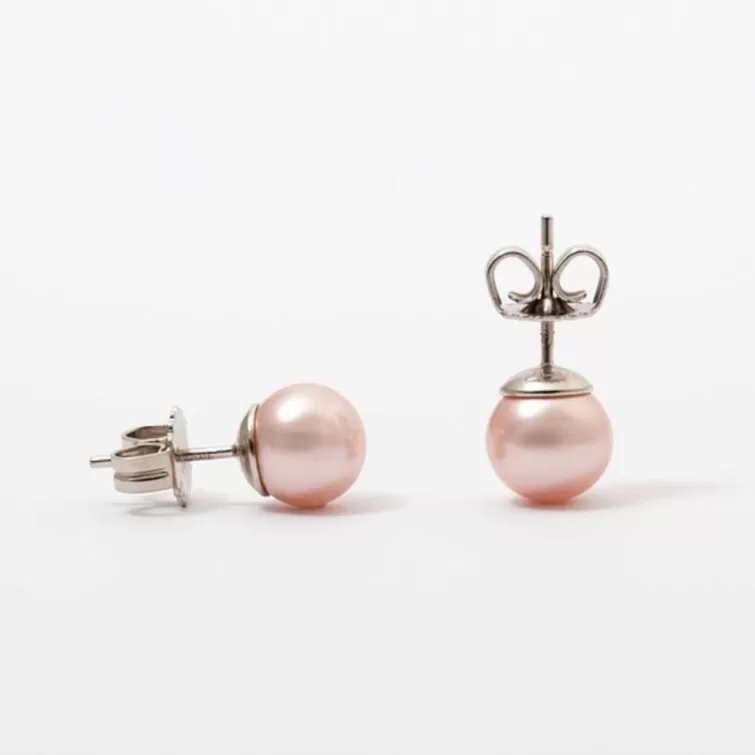 Pendientes De Botón | Majorica Pendientes Lyra Plata Con Perla Rose 6Mm