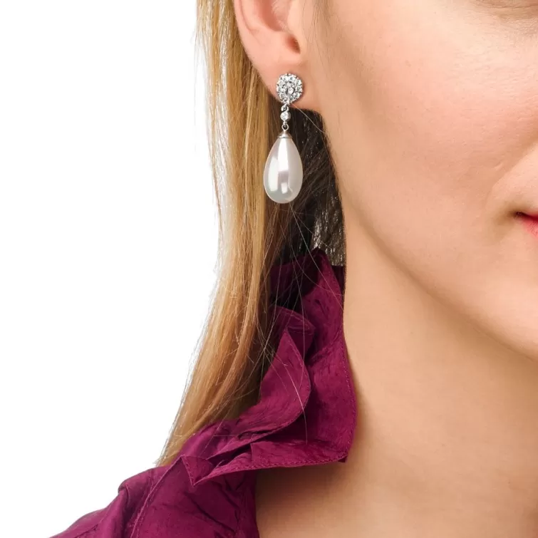 Pendientes Novia | Majorica Pendientes Plata Afrodita Con Perla Colgante Y Circonitas