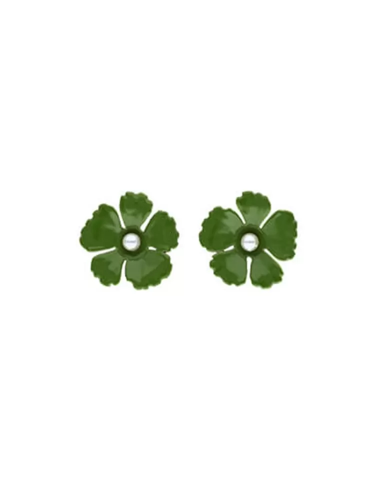 Pendientes Cortos | Majorica Pendientes Santorini Flor Verde Olivo Grande En Plata