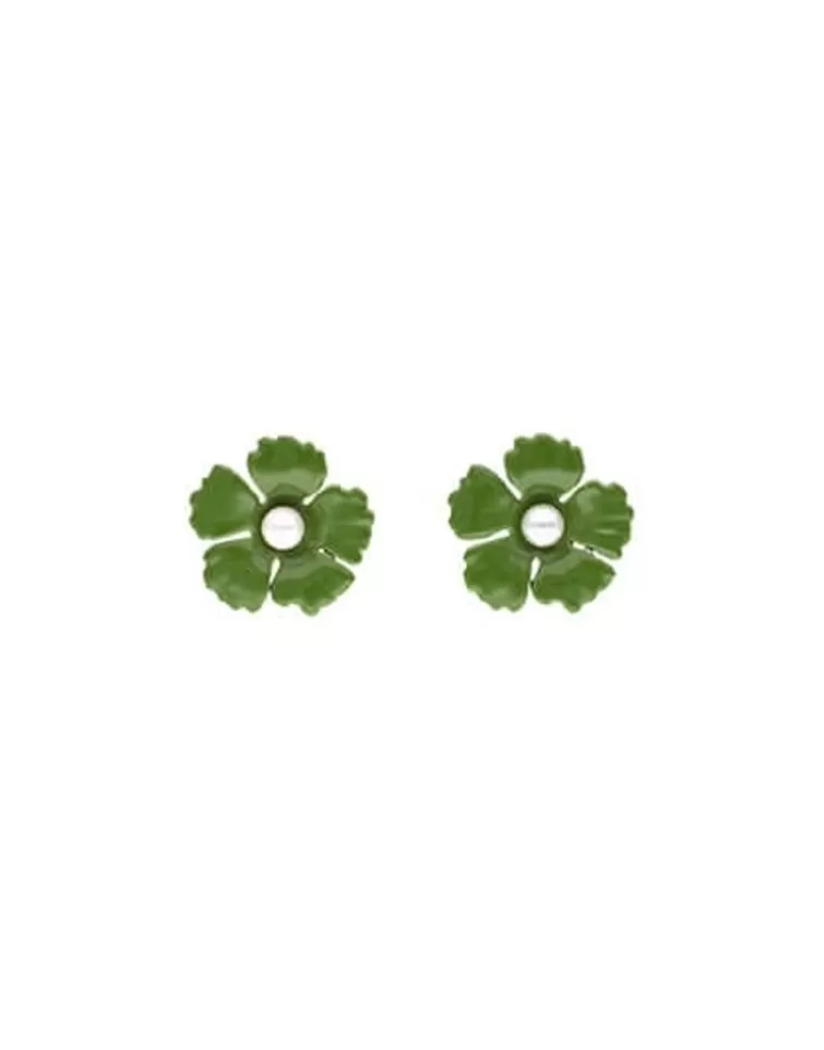 Pendientes Cortos | Majorica Pendientes Santorini Flor Verde Olivo Pequeños En Plata
