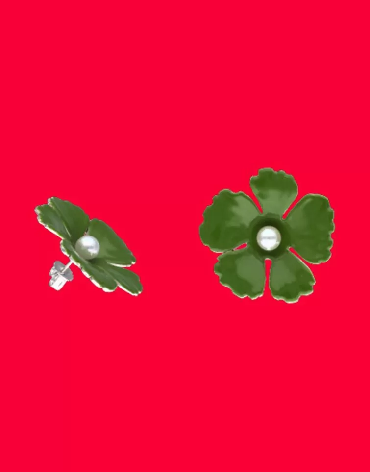 Pendientes Cortos | Majorica Pendientes Santorini Flor Verde Olivo Pequeños En Plata