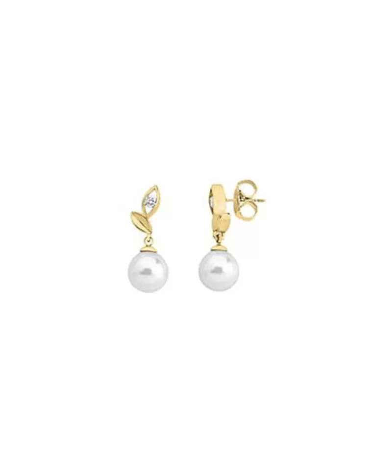 Pendientes Cortos | Majorica Pendientes Selene Dorados Con Perla Blanca 8Mm Y Circonitas