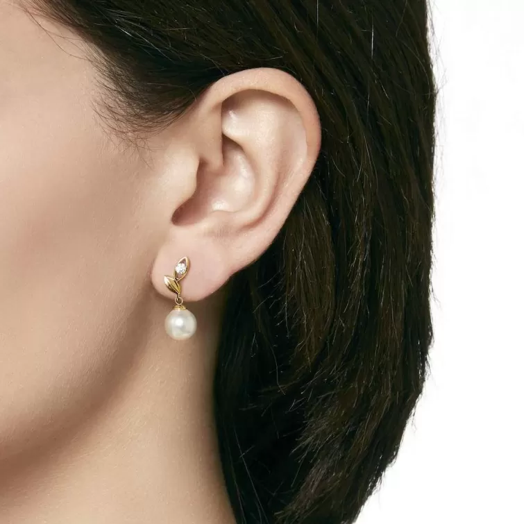 Pendientes Cortos | Majorica Pendientes Selene Dorados Con Perla Blanca 8Mm Y Circonitas