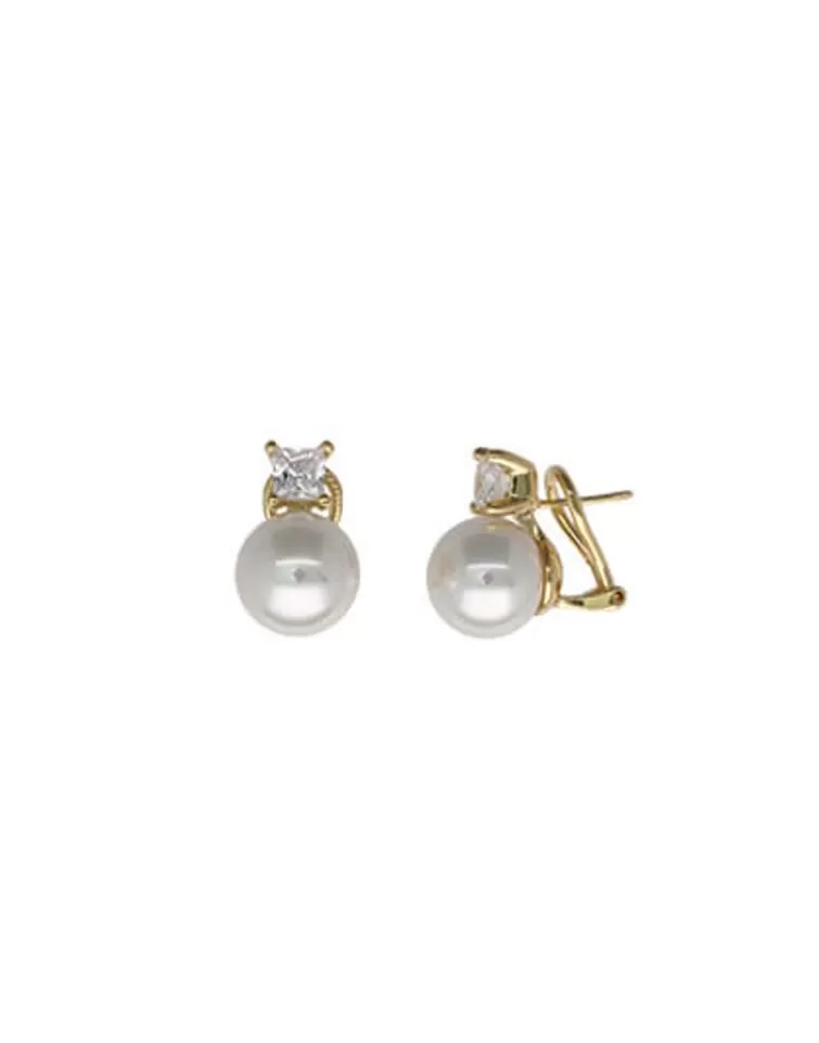 Pendientes Tú & Yo | Majorica Pendientes Selene Dorados Perla Blanca 12Mm Y Circonitas
