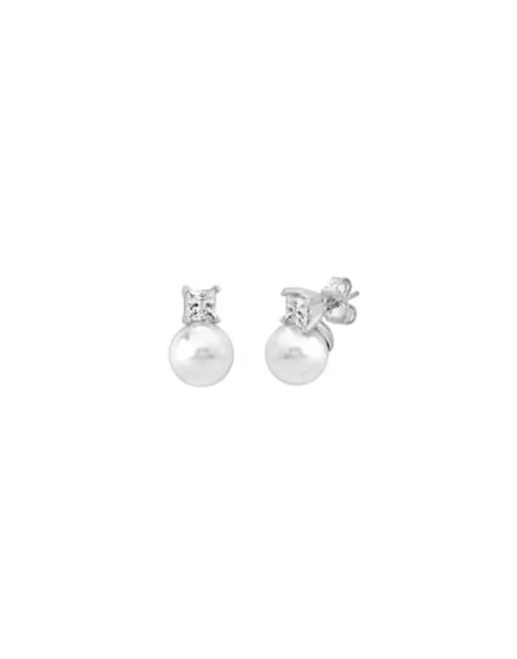Pendientes Tú & Yo | Majorica Pendientes Selene Plata Con Perla Blanca 10Mm Y Circonitas