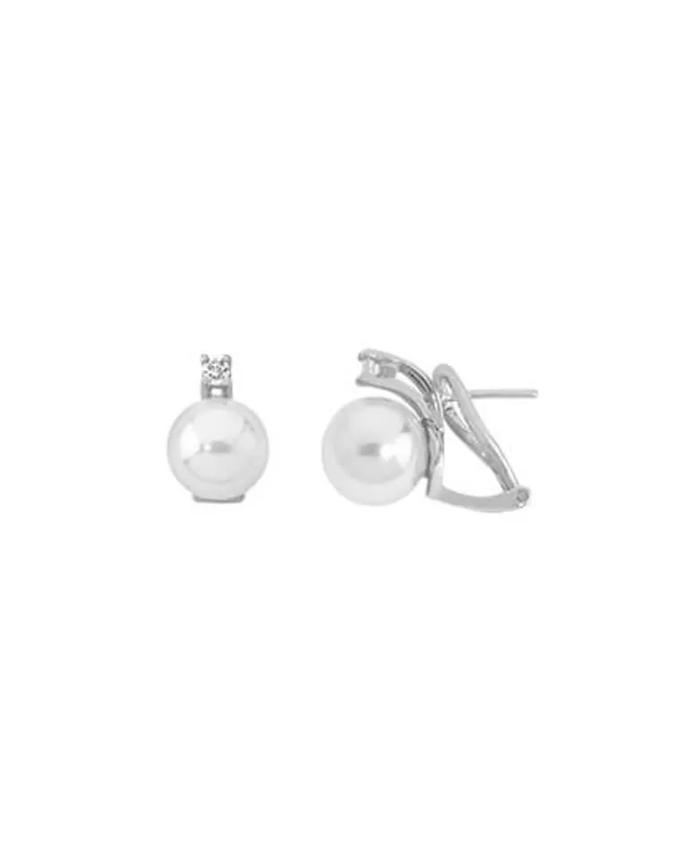 Pendientes Tú & Yo | Majorica Pendientes Selene Plata Con Perla Blanca 10Mm Y Circonitas