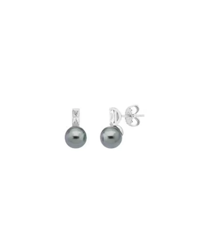 Pendientes Tú & Yo | Majorica Pendientes Selene Plata Con Perla Gris 8Mm Y Circonita