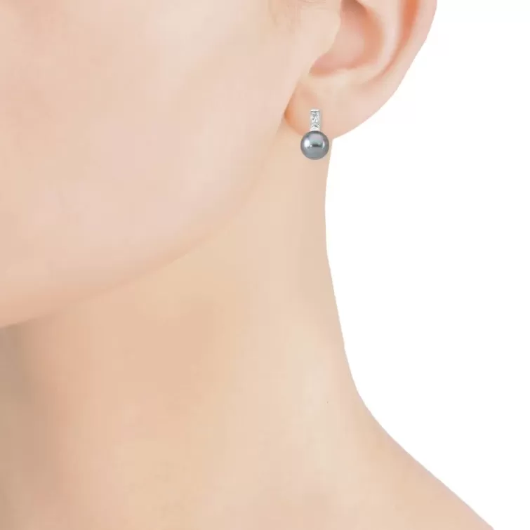 Pendientes Tú & Yo | Majorica Pendientes Selene Plata Con Perla Gris 8Mm Y Circonita