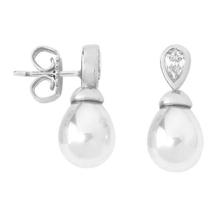 Pendientes Tú & Yo | Majorica Pendientes Selene Plata Con Perla Lagrima Blanca 8Mm Y Circonita