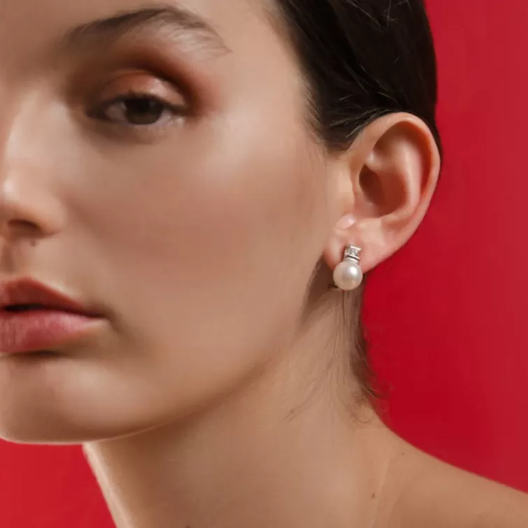 Pendientes Tú & Yo | Majorica Pendientes Selene Plata Perla Blanca 9Mm Y Circonitas