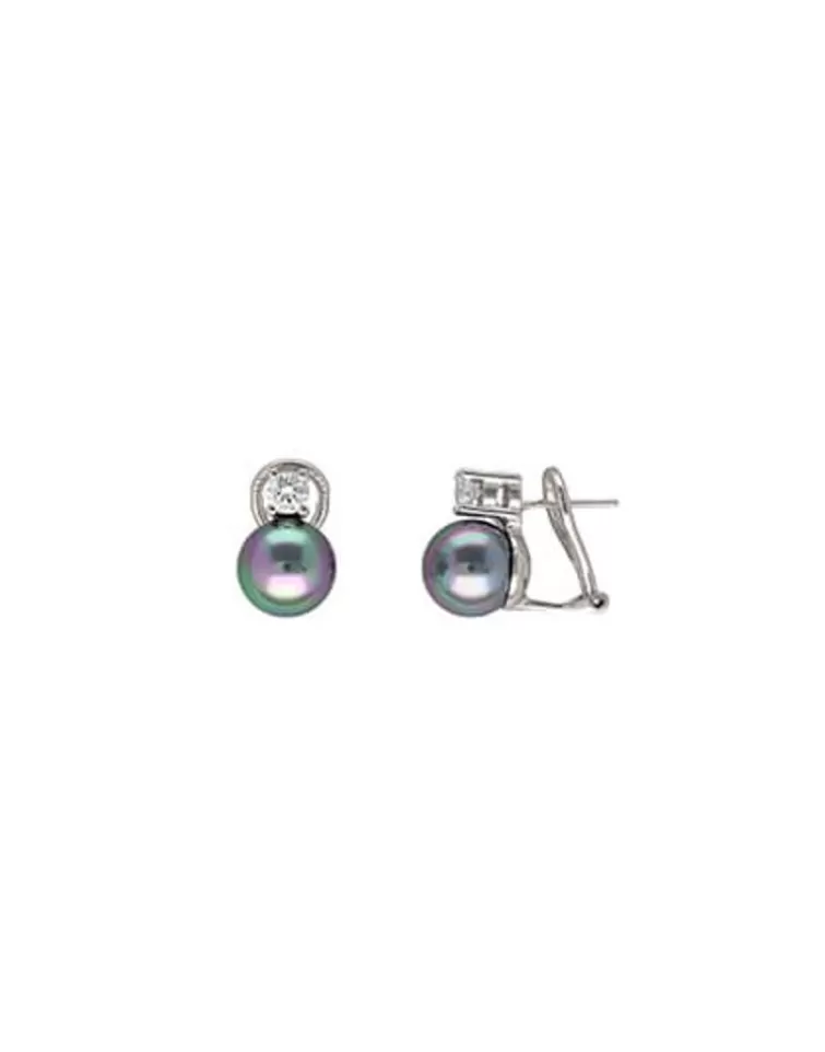 Pendientes Tú & Yo | Majorica Pendientes Selene Plata Perla Gris 10Mm Y Circonitas