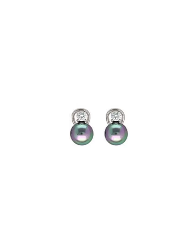 Pendientes Tú & Yo | Majorica Pendientes Selene Plata Perla Gris 10Mm Y Circonitas