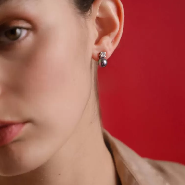 Pendientes Tú & Yo | Majorica Pendientes Selene Plata Perla Gris 8Mm Y Circonitas
