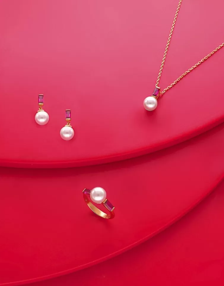 Pendientes Cortos | Majorica Pendientes Selene Tu&Yo Dorados Con Perla Y Circonita Rojo Rubi