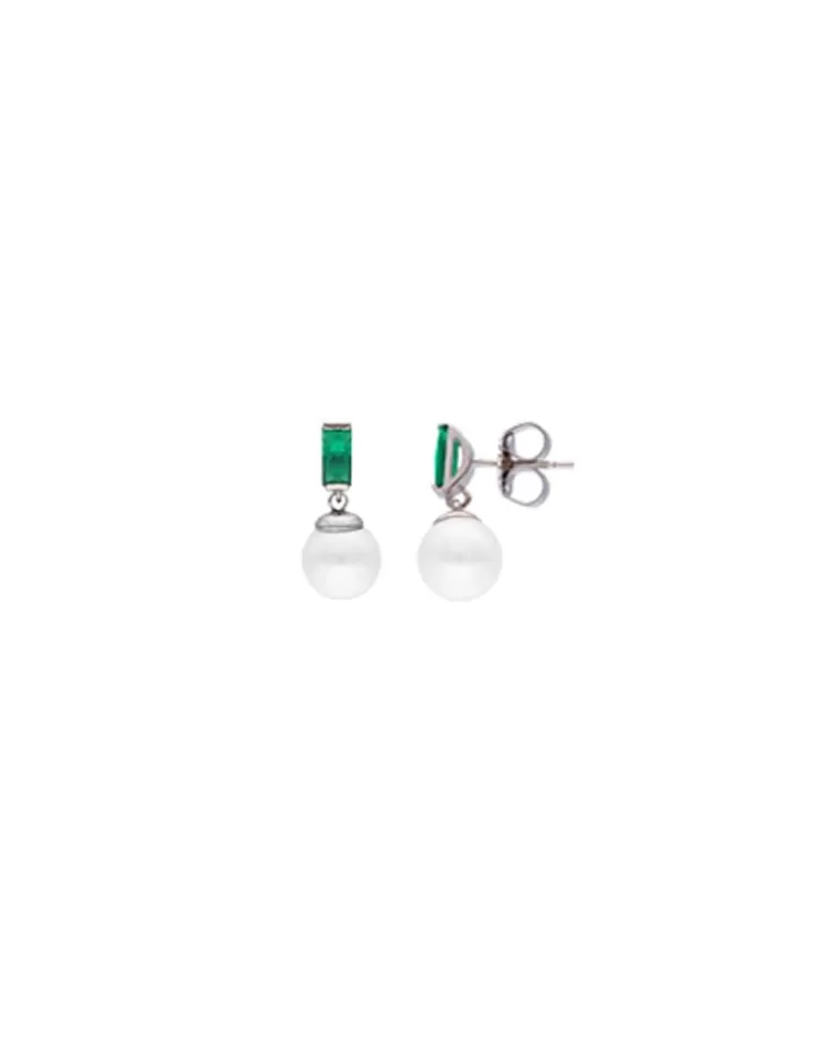 Pendientes Cortos | Majorica Pendientes Selene Tu&Yo En Plata Con Perla Y Circonita Verde Esmeralda