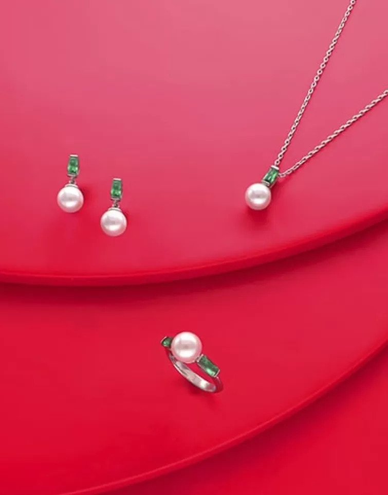 Pendientes Cortos | Majorica Pendientes Selene Tu&Yo En Plata Con Perla Y Circonita Verde Esmeralda
