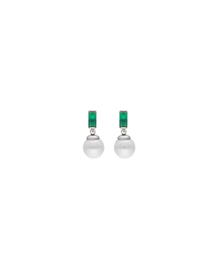 Pendientes Cortos | Majorica Pendientes Selene Tu&Yo En Plata Con Perla Y Circonita Verde Esmeralda