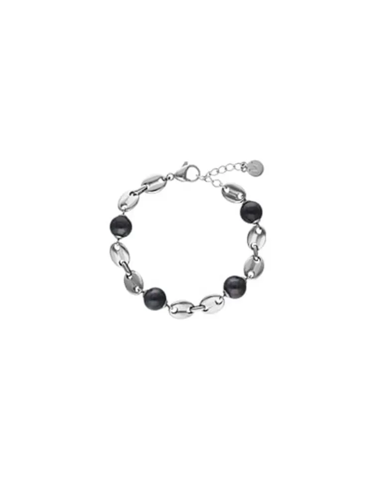 Pulseras Encadenadas | Majorica Pulsera Encadenada Sailor En Acero Y Perlas Negras