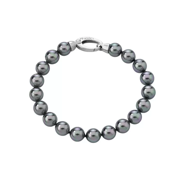 Pulseras Plata | Majorica Pulsera Lyra Perla Gris 8Mm Plata Cierre Mosqueton