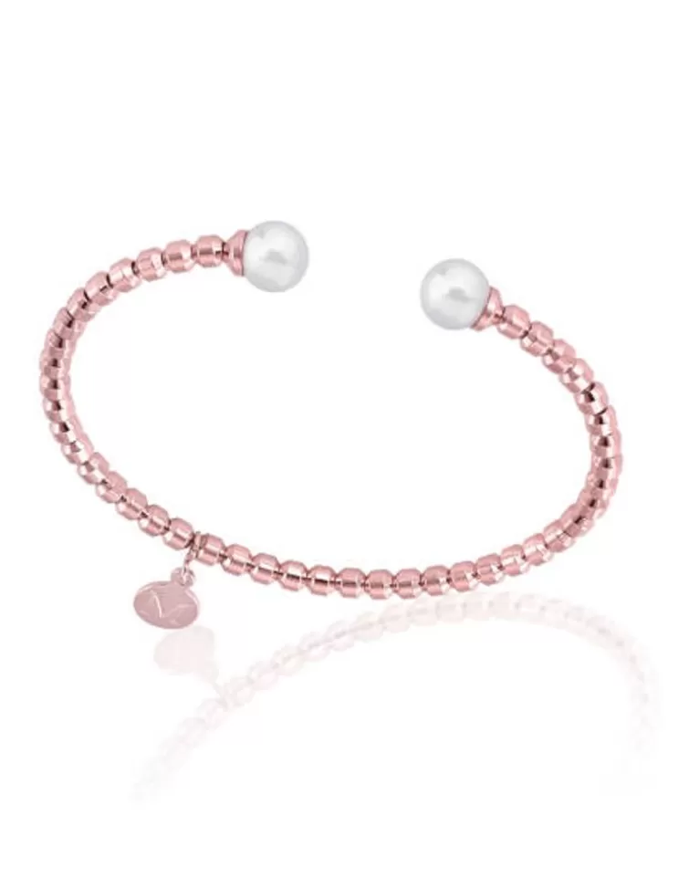 Brazaletes Rígidos | Majorica Pulsera Rigida De Acero Rosado Carmen Con Perlas Blancas