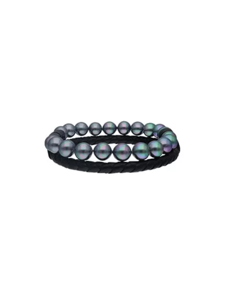 Pulseras De Cuero | Majorica Pulsera Sailor De Cuero Y Perlas Grises 21Cm